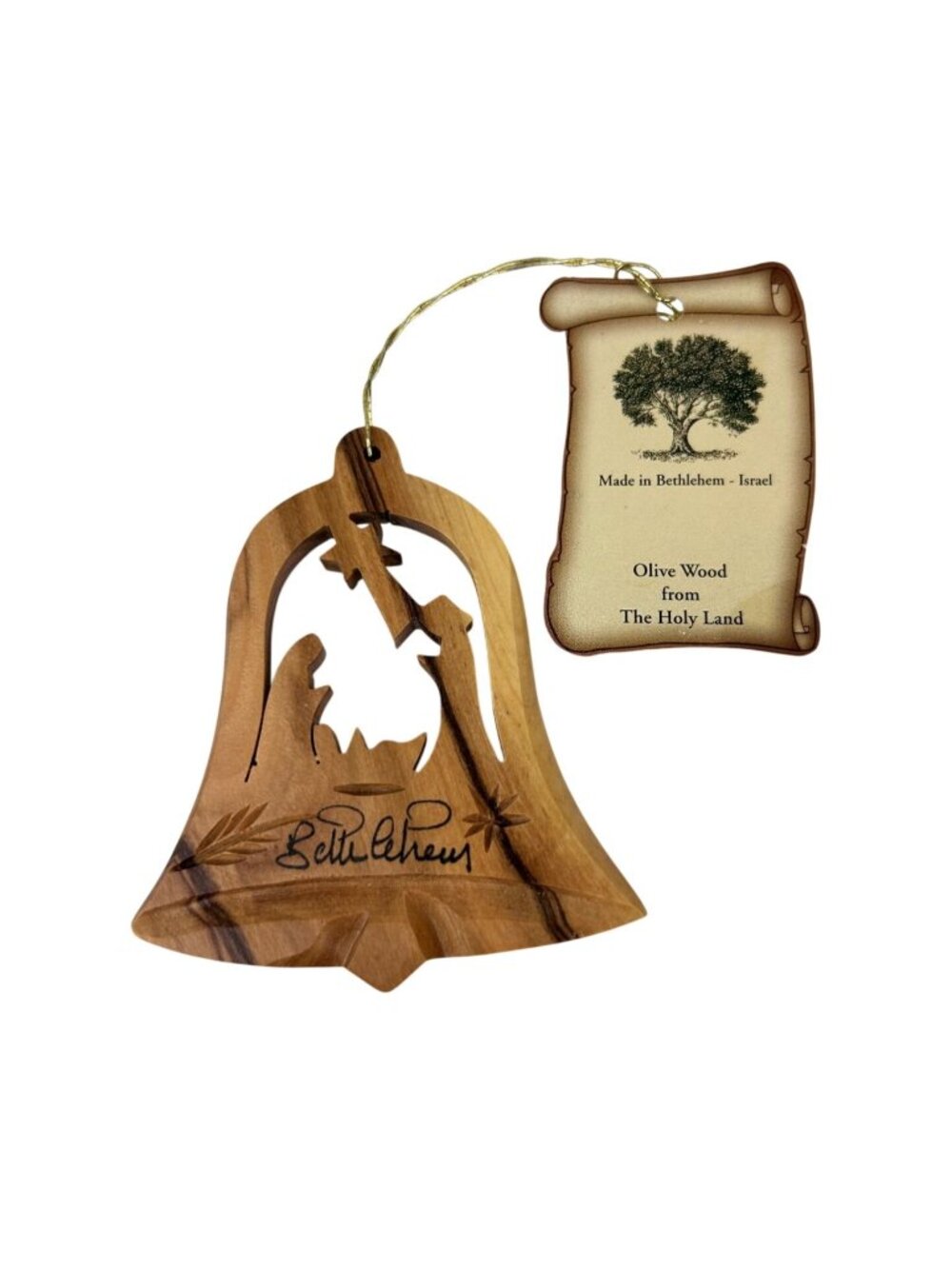 Earthwood Nativity Bell Olive Wood Bethlehem Christmas Tree Ornament Natural NEW
